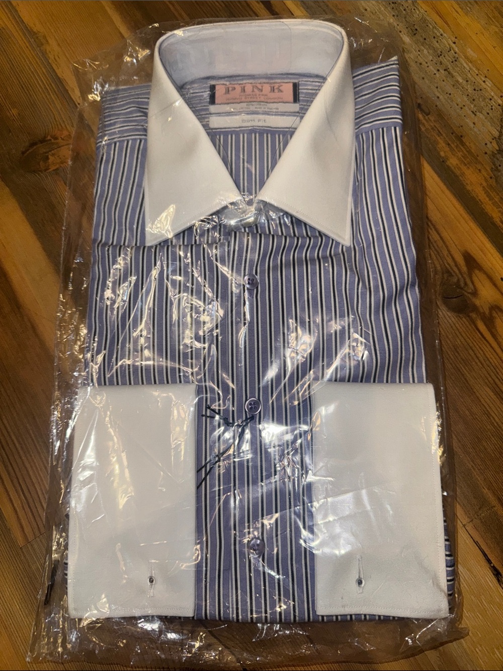 Thomas Pink Purple and White Striped Dress Shirt with White Contrast Collar